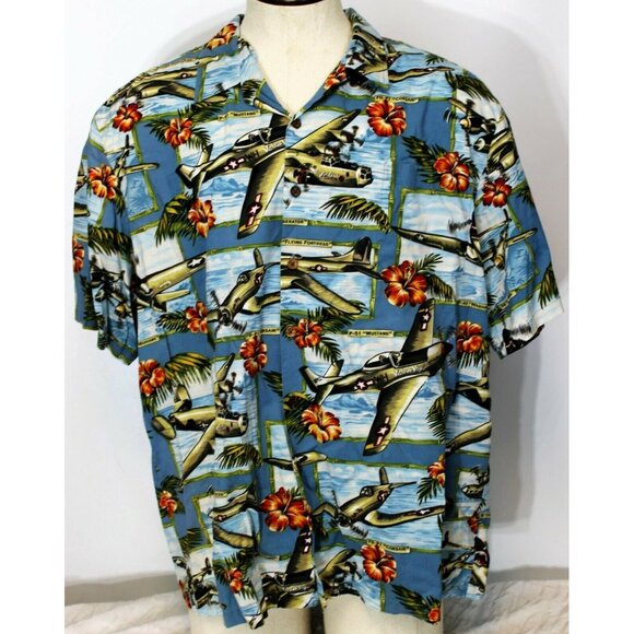Kalaheo Blue Hawaiian Shirt Planes Bomber Jets Flowers Men's 2XL WW2 WWII - Picture 1 of 11